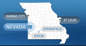 Missouri Map with Nevada, Kansas City, Springfield, Joplin, and St Louis Marked